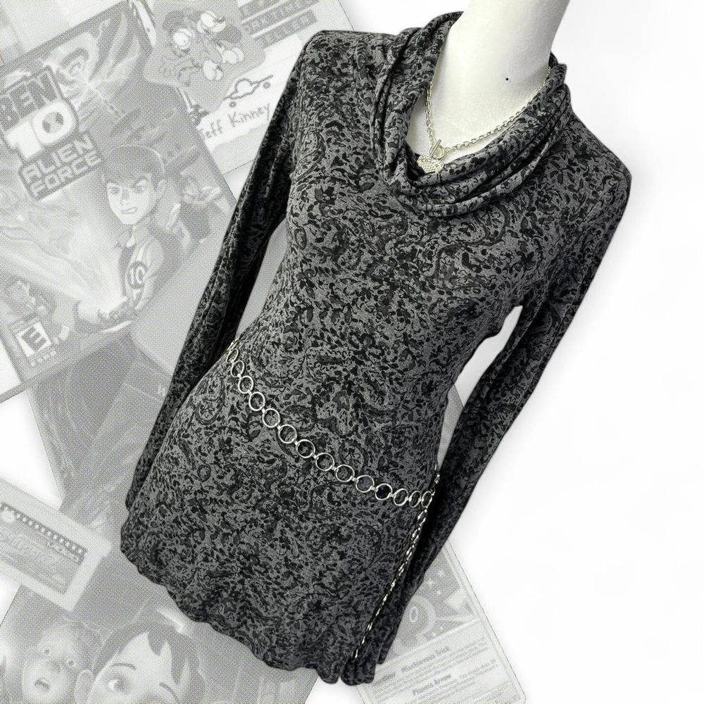 Y2K CuddlDuds Black & Gray Emo / Goth Paisley AOP Long Sleeve Turtleneck Dress